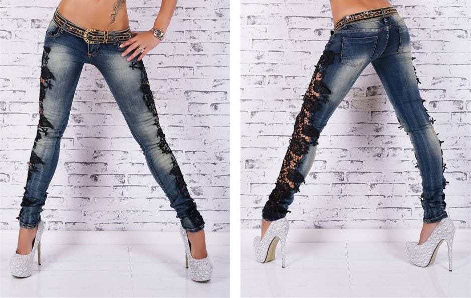 F8910 Sexy Womens Skinny Ripped Distressed Lace Jeans